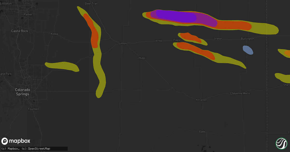 Hail map in Hugo, CO on August 19, 2026