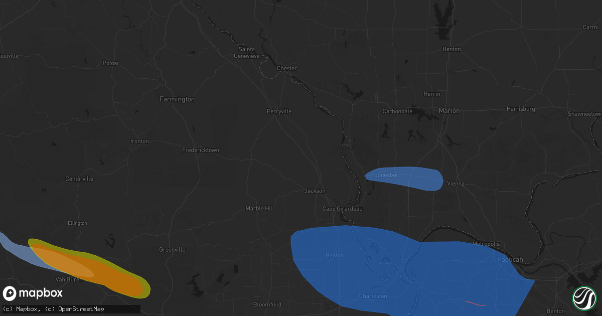 Hail map in Oak Ridge, MO on August 19, 2026