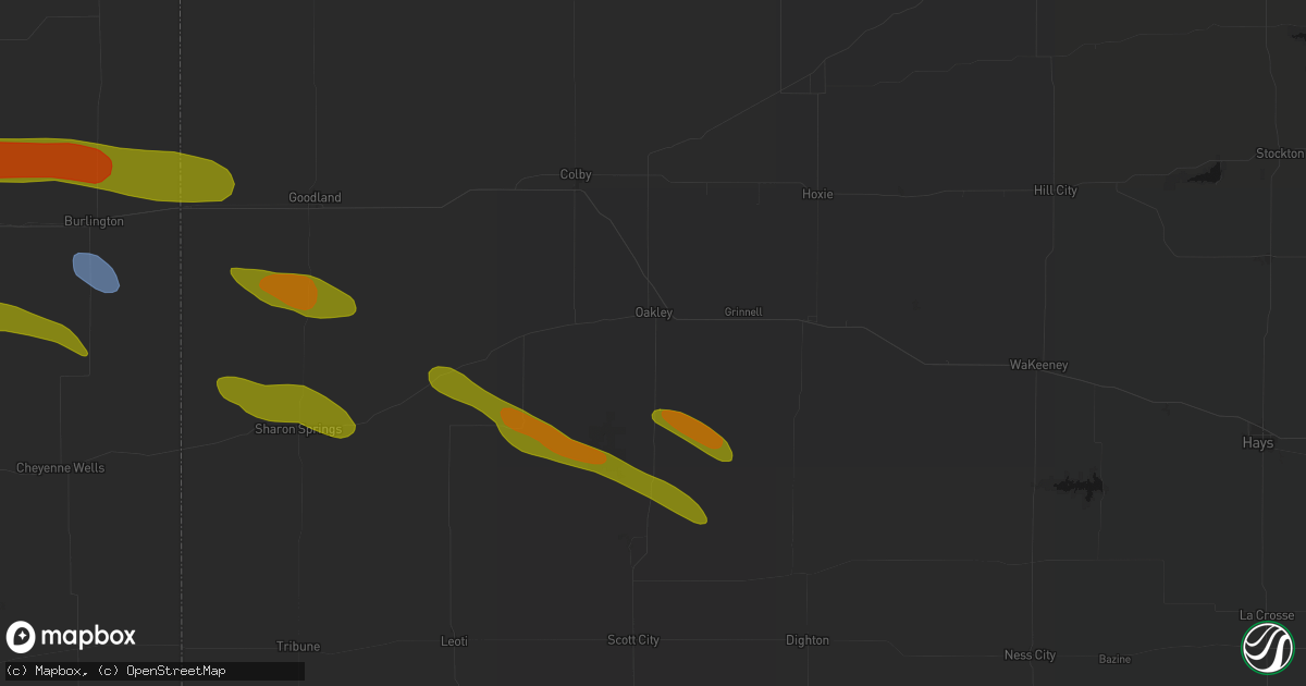 Hail map in Oakley, KS on August 19, 2026