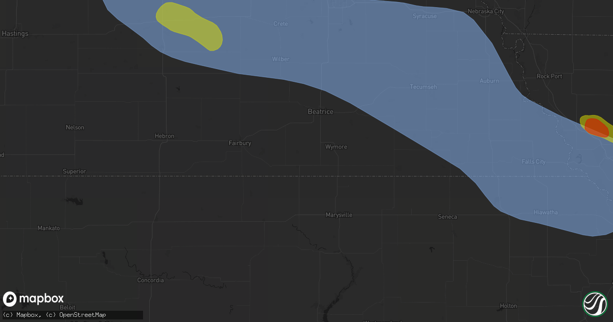 Hail map in Odell, NE on August 19, 2026