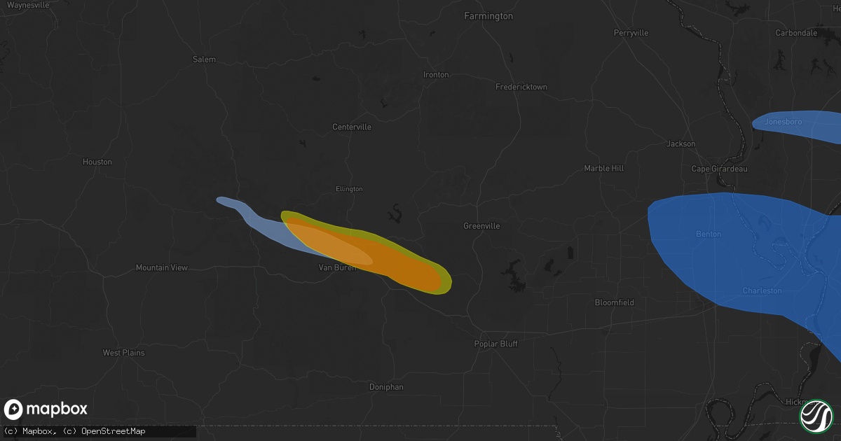 Hail map in Piedmont, MO on August 19, 2026