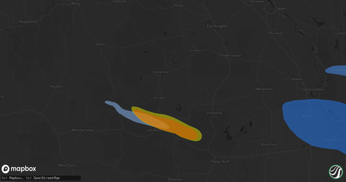 Hail map in Redford, MO on August 19, 2026