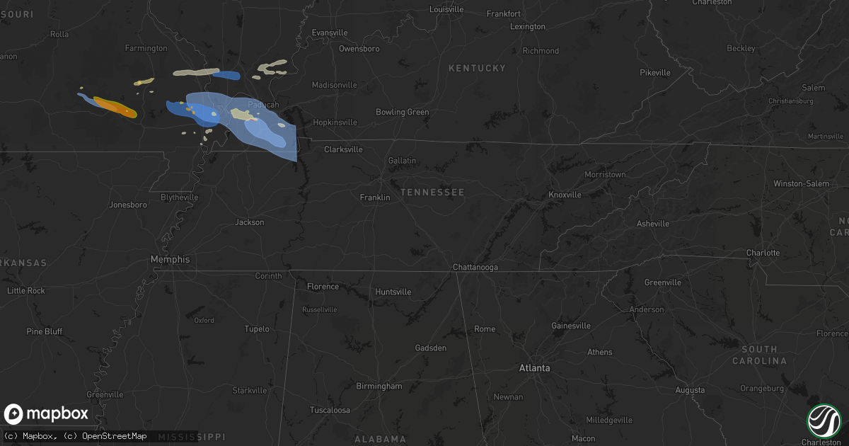 Hail map in Tennessee on August 19, 2026
