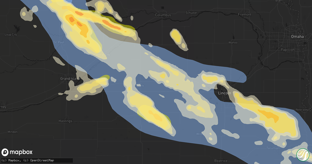 Hail map in Waco, NE on August 19, 2026