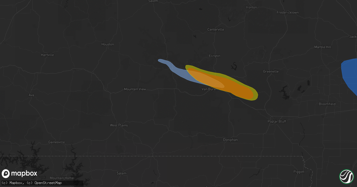 Hail map in Winona, MO on August 19, 2026