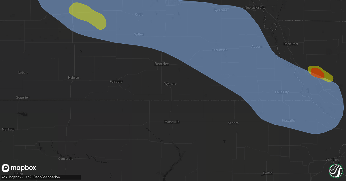 Hail map in Wymore, NE on August 19, 2026
