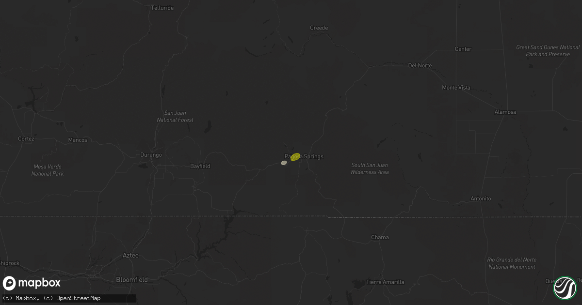 Hail map in Pagosa Springs, CO on August 20, 2016