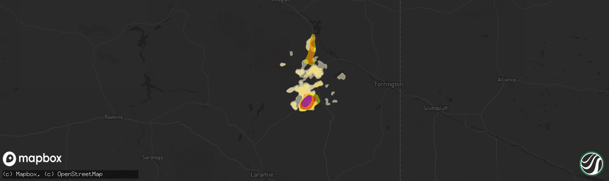 Hail map in Wheatland, WY on August 20, 2019