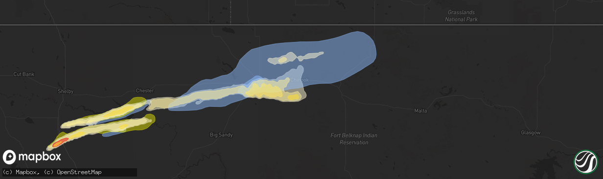 Hail map in Chinook, MT on August 20, 2025