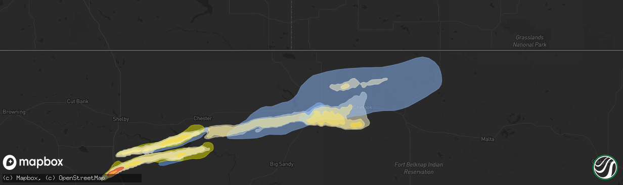 Hail map in Havre, MT on August 20, 2025