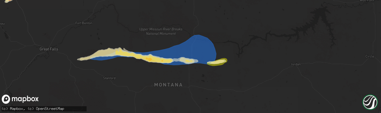 Hail map in Roy, MT on August 20, 2025