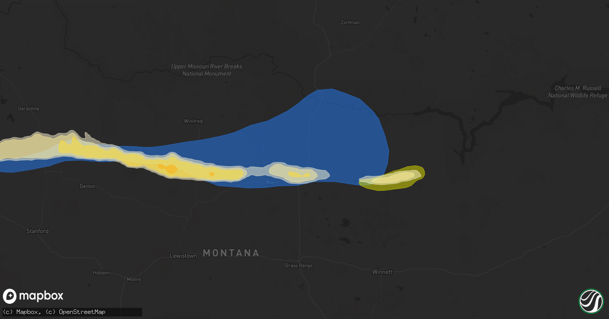 Hail map in Roy, MT on August 20, 2025