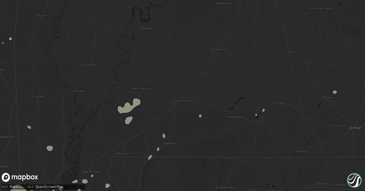 Hail map in Evergreen, AL on August 20, 2026