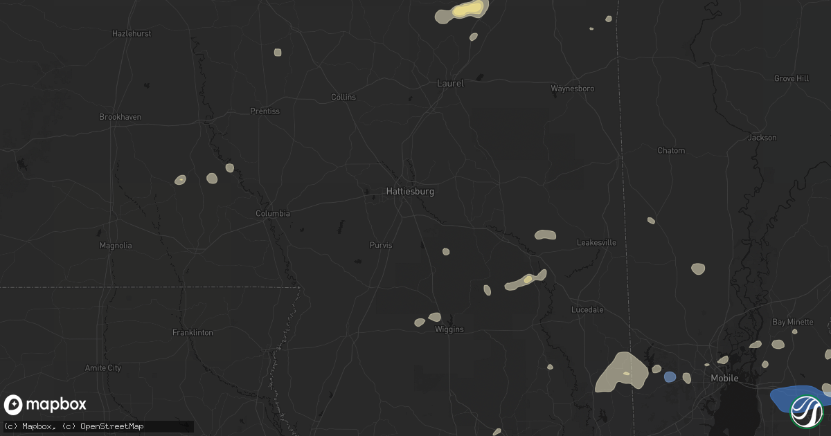 Hail map in Hattiesburg, MS on August 20, 2026