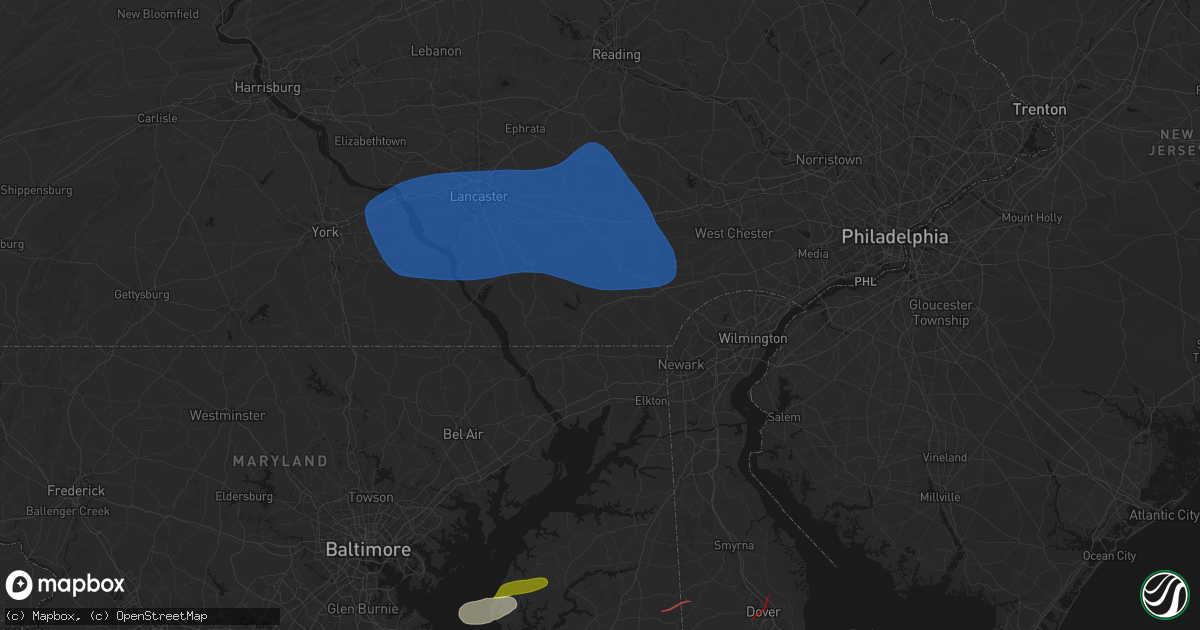Hail map in Oxford, PA on August 20, 2026