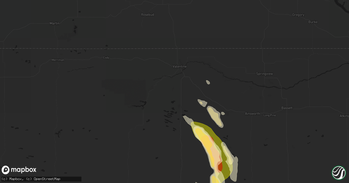 Hail map in Valentine, NE on August 20, 2026