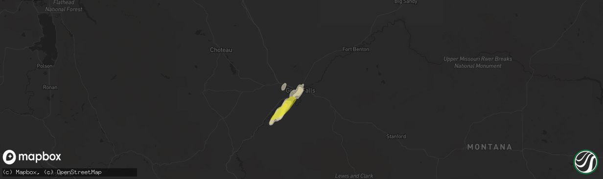 Hail map in Great Falls, MT on August 21, 2019