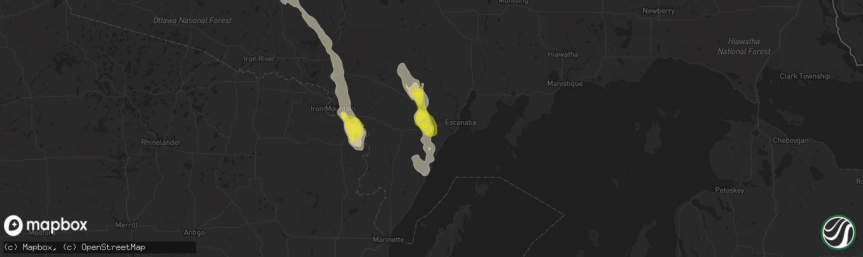 Hail map in Bark River, MI on August 21, 2020