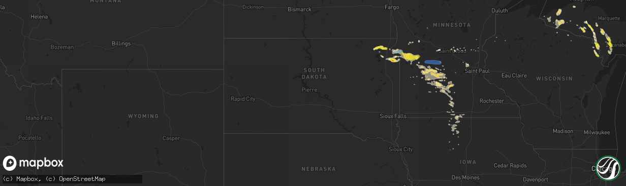 Hail map in South Dakota on August 21, 2020