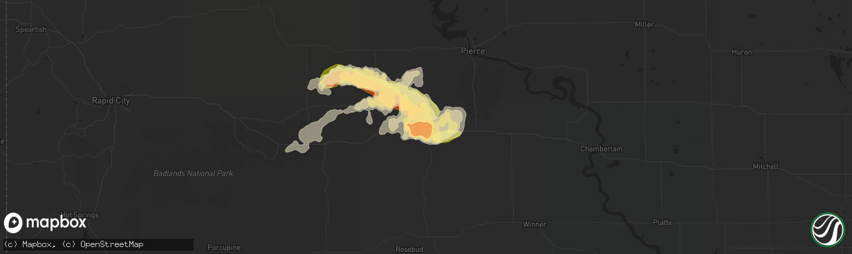 Hail map in Murdo, SD on August 21, 2024