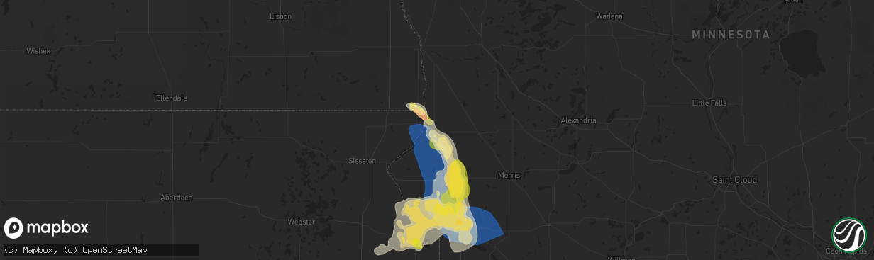 Hail map in Wheaton, MN on August 21, 2025