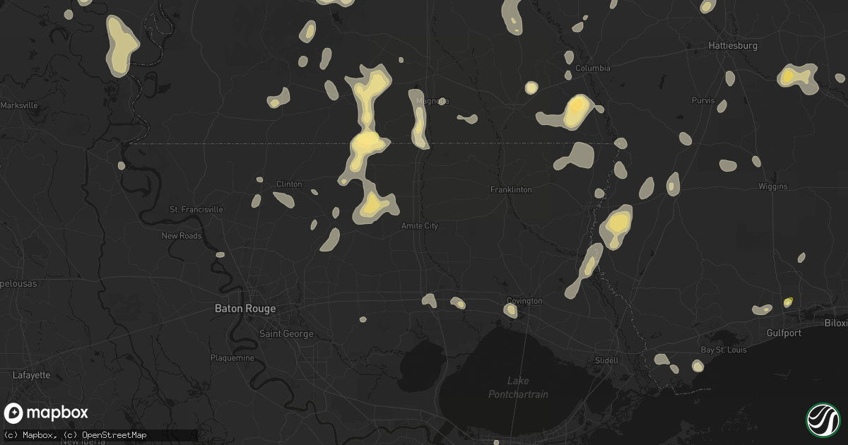Hail map in Amite, LA on August 21, 2026