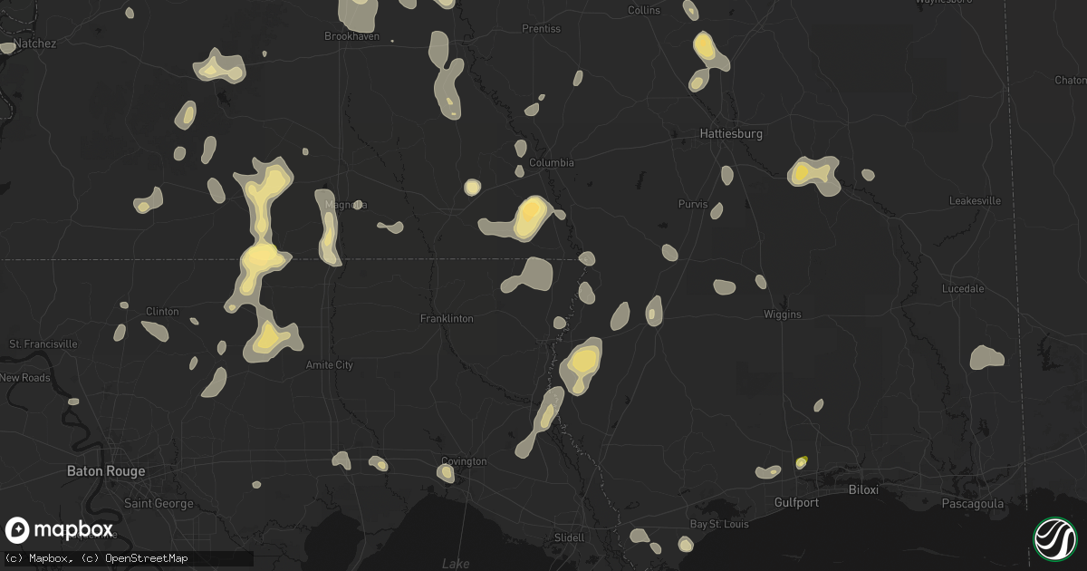 Hail map in Angie, LA on August 21, 2026
