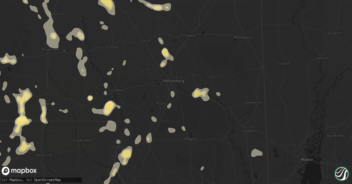 Hail map in Hattiesburg, MS on August 21, 2026