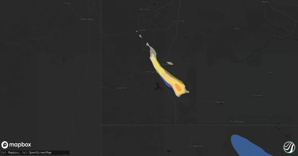 Hail map in Hot Springs, SD on August 21, 2026