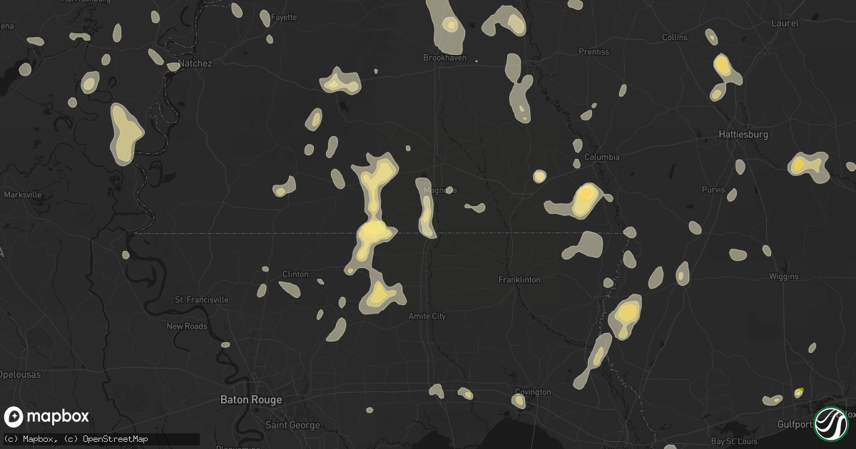 Hail map in Osyka, MS on August 21, 2026