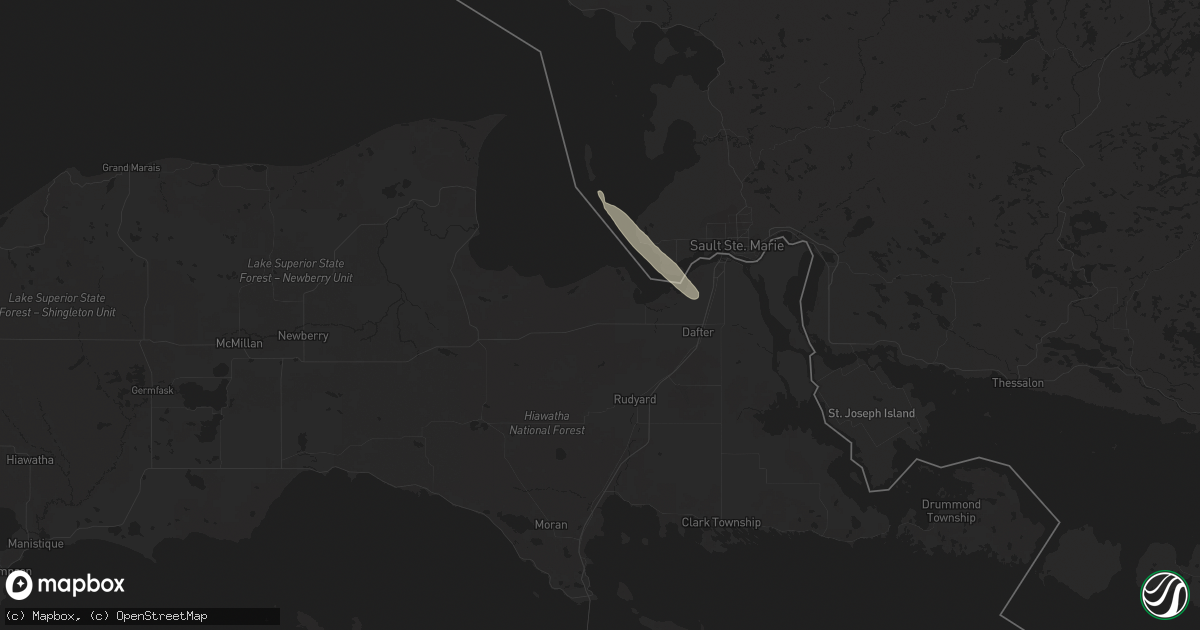 Hail map in Brimley, MI on August 22, 2023