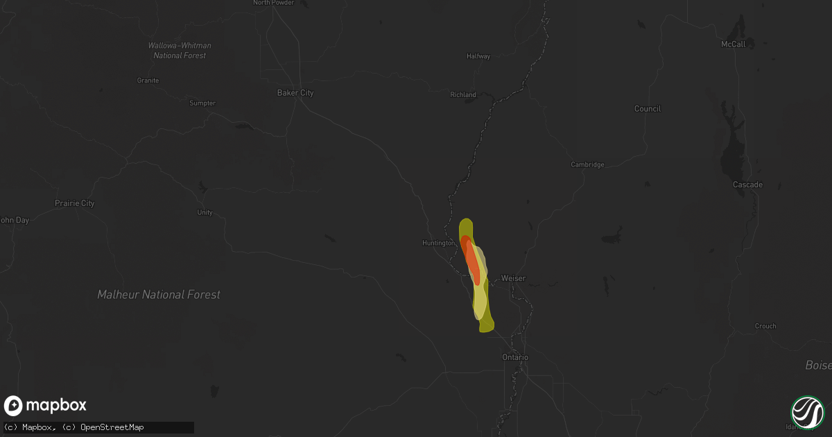 Hail map in Huntington, OR on August 22, 2023