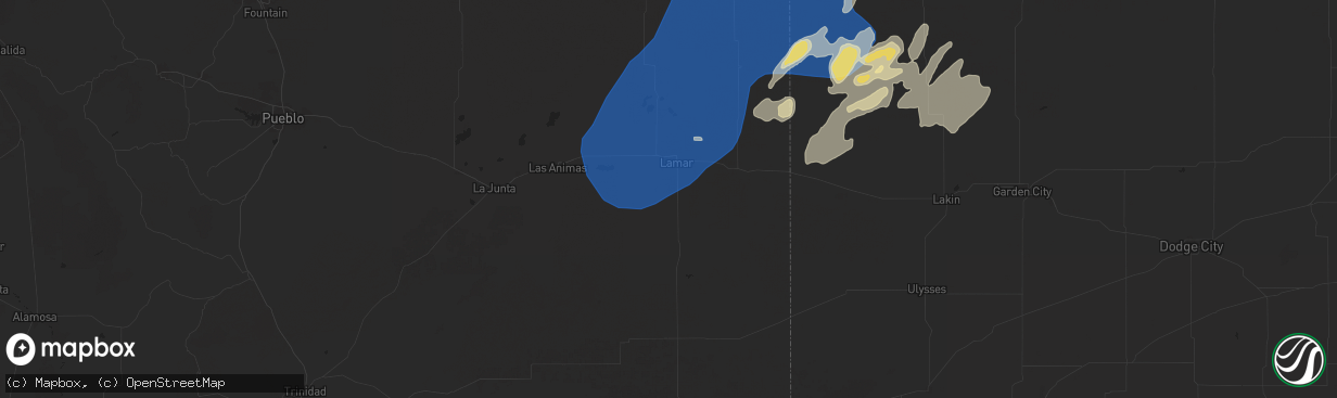 Hail map in Lamar, CO on August 22, 2024