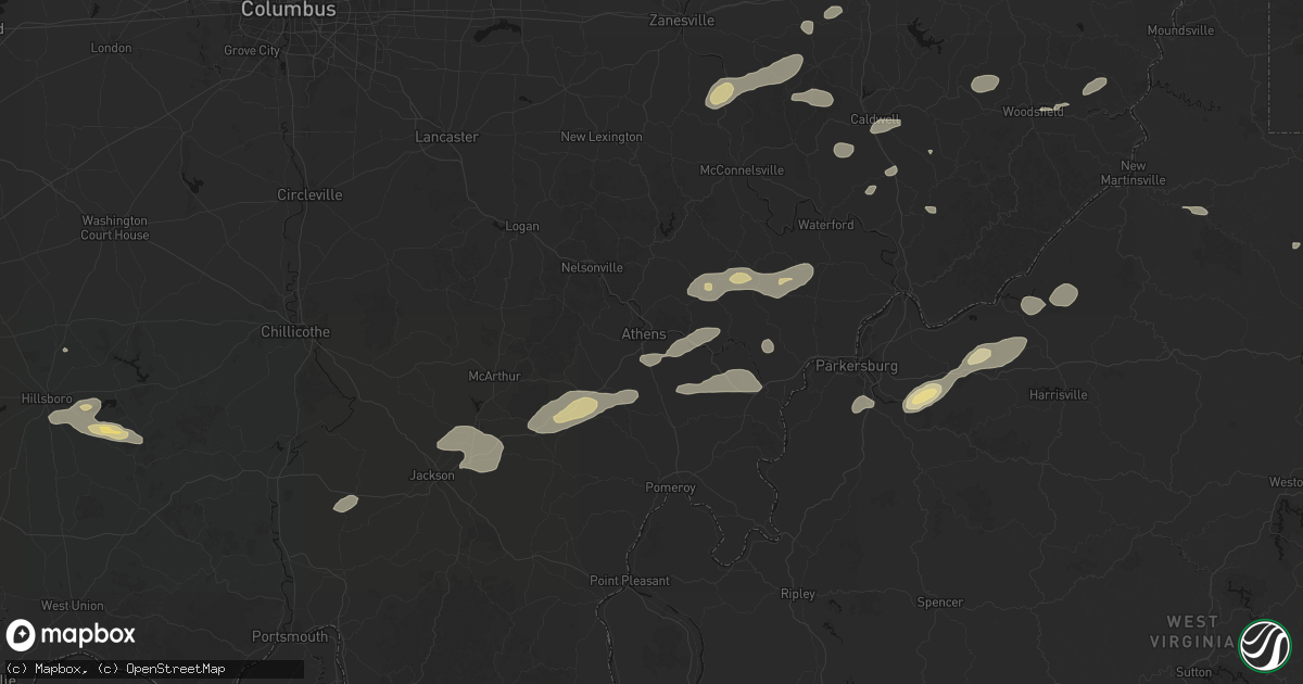 Hail map in Athens, OH on August 22, 2026