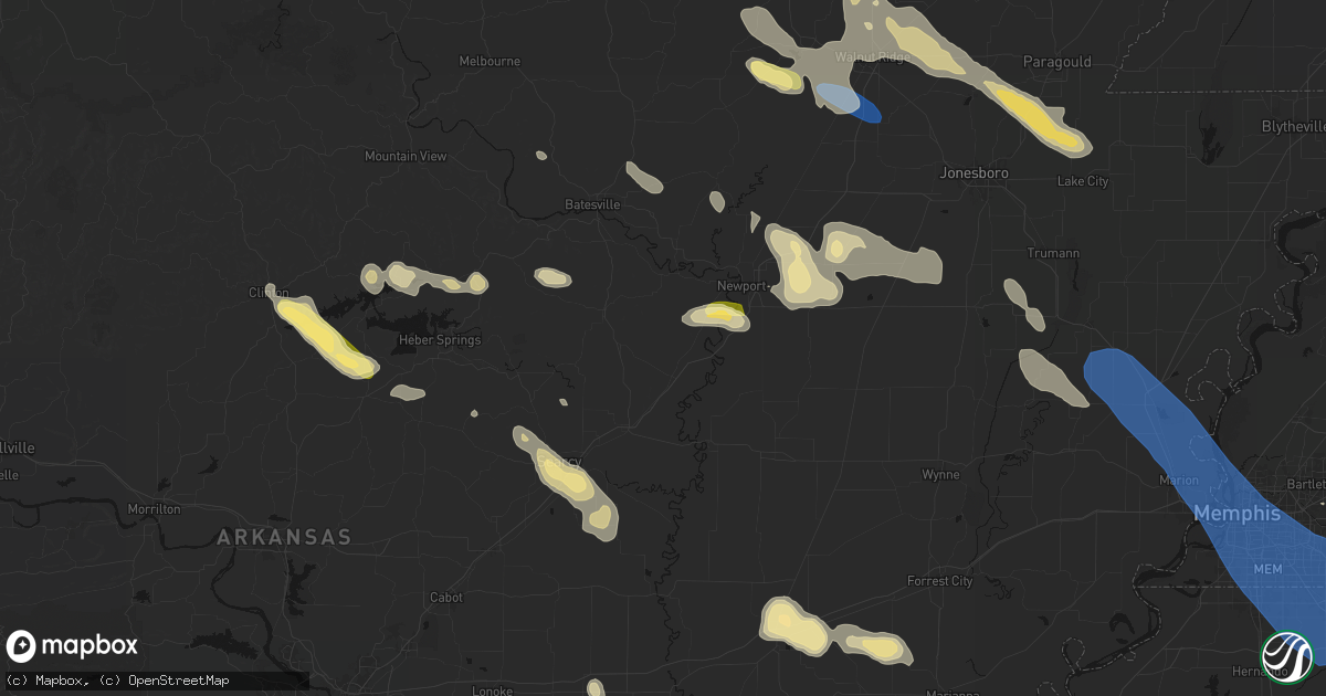 Hail map in Bradford, AR on August 22, 2026