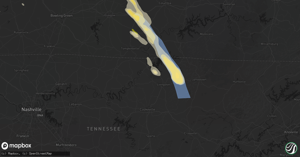 Hail map in Hilham, TN on August 22, 2026
