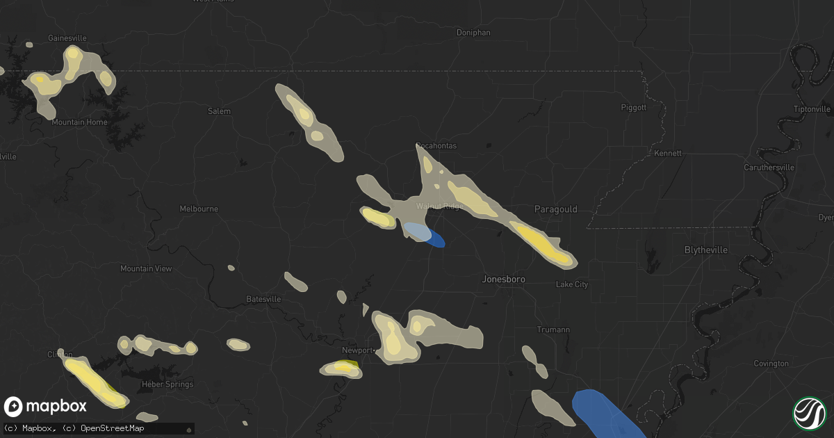 Hail map in Hoxie, AR on August 22, 2026