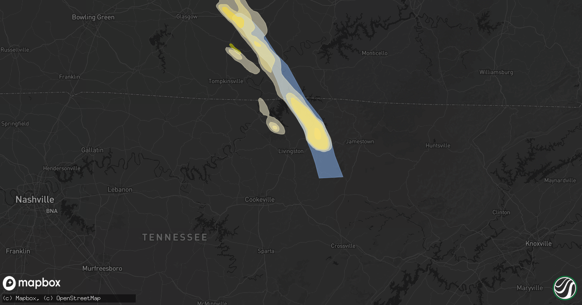 Hail map in Livingston, TN on August 22, 2026