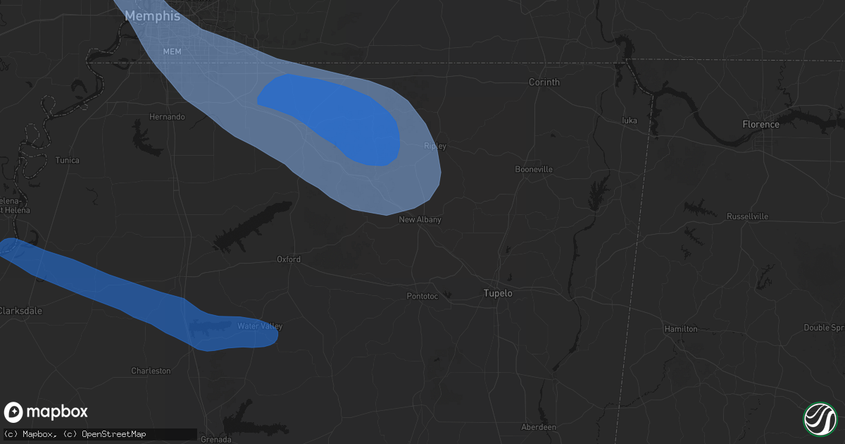 Hail map in New Albany, MS on August 22, 2026