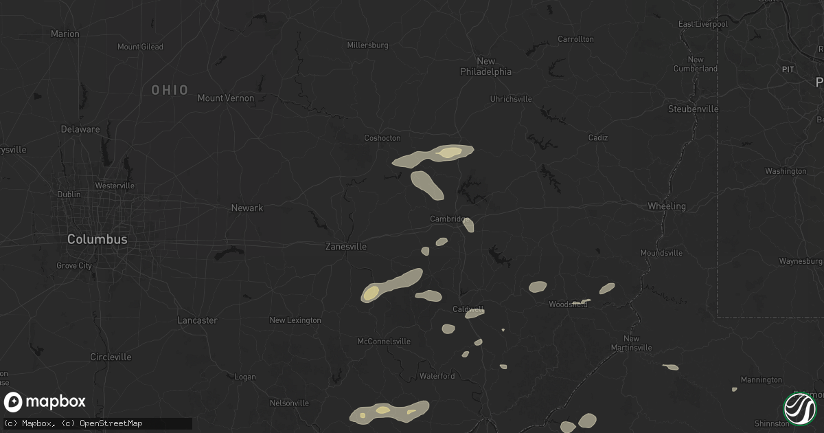 Hail map in New Concord, OH on August 22, 2026
