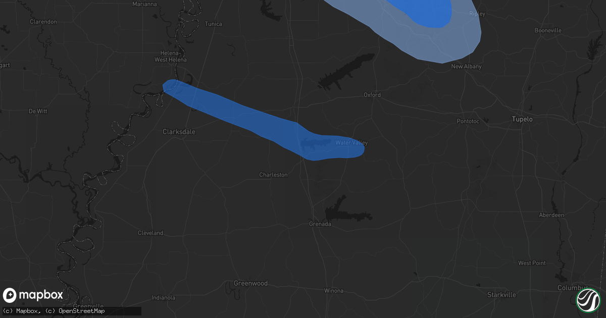 Hail map in Oakland, MS on August 22, 2026