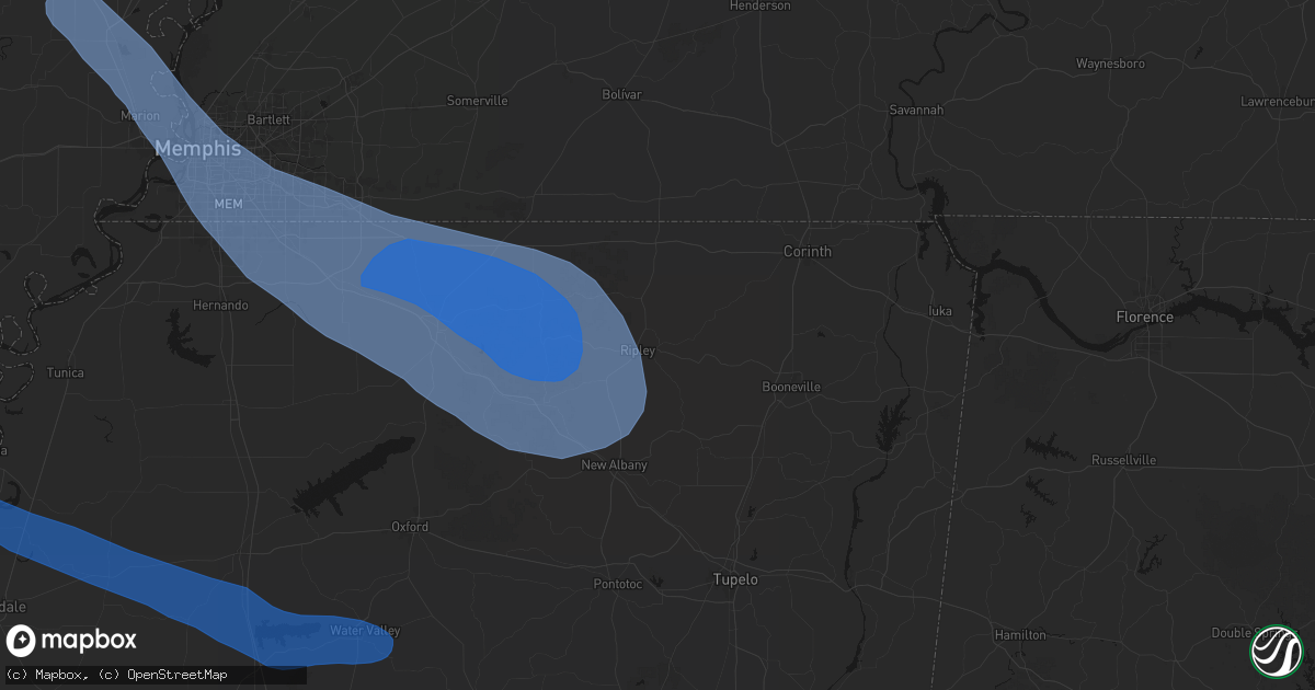 Hail map in Ripley, MS on August 22, 2026
