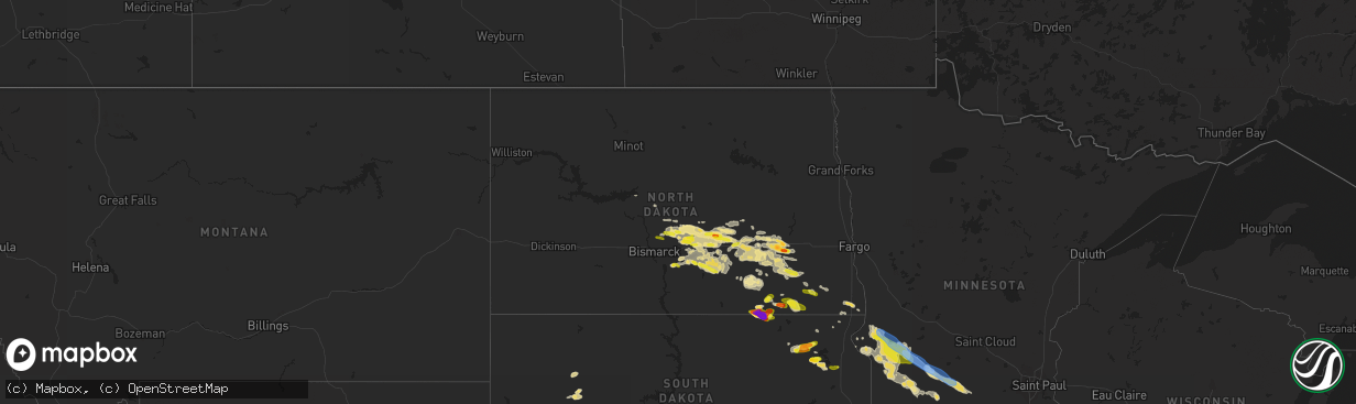 Hail map in North Dakota on August 23, 2020