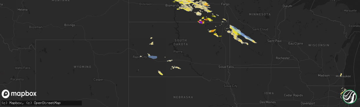 Hail map in South Dakota on August 23, 2020