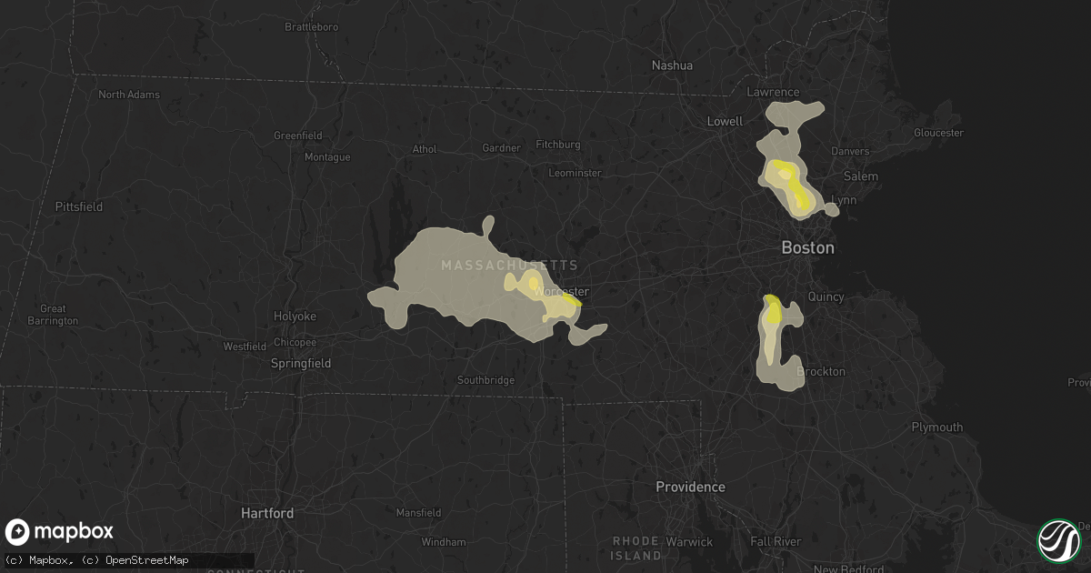 Hail map in Worcester, MA on August 23, 2020