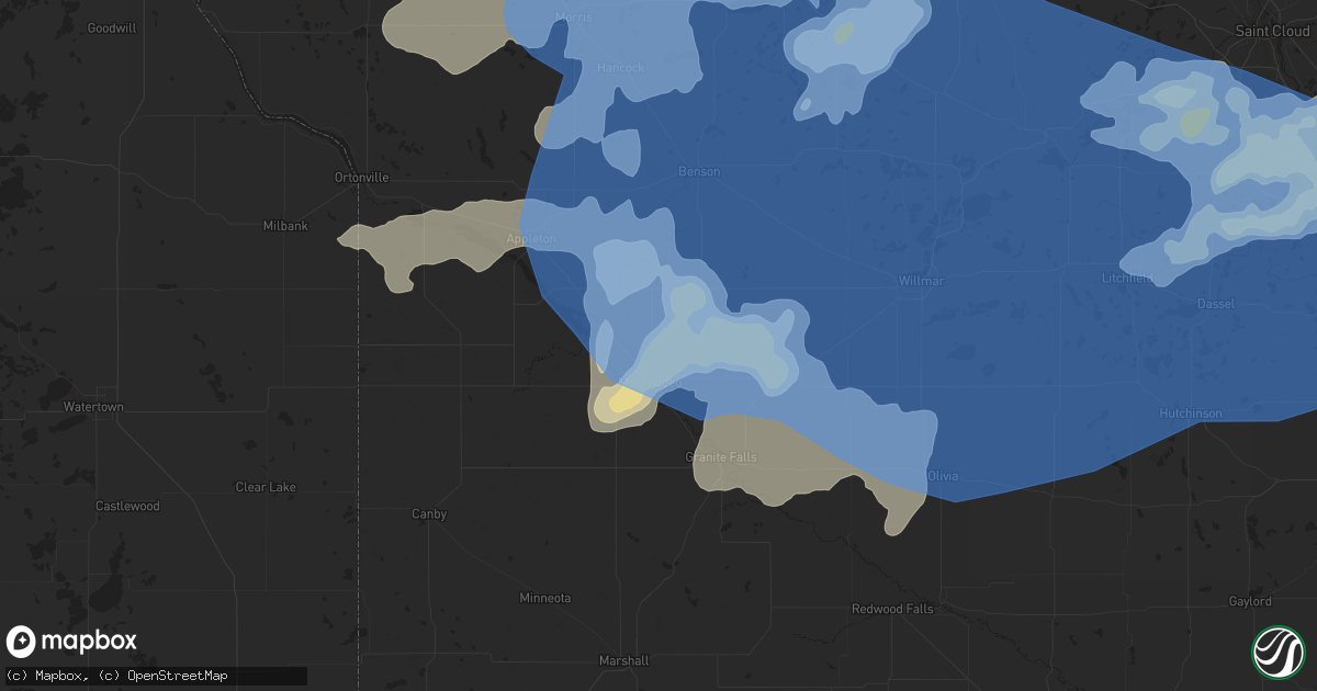 Hail map in Montevideo, MN on August 23, 2021