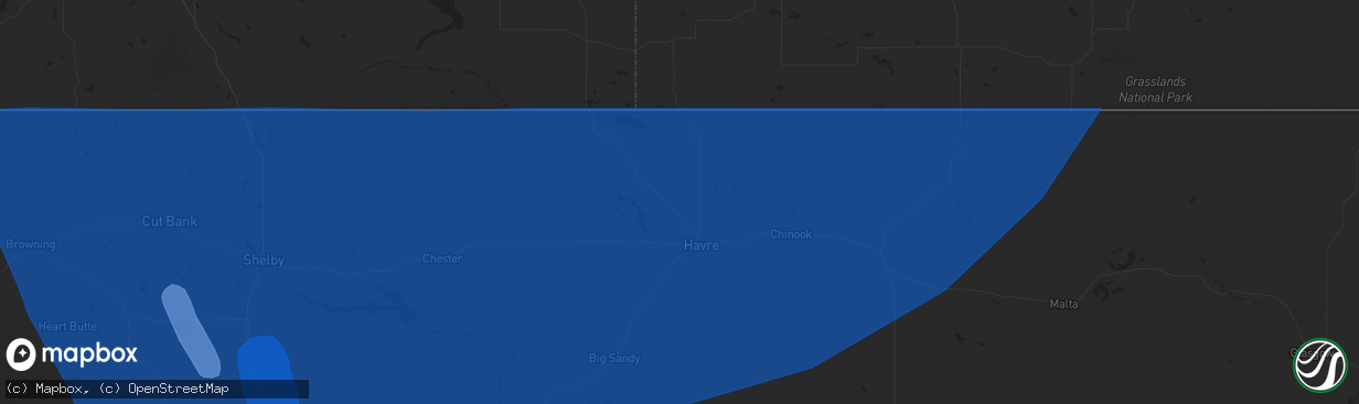 Hail map in Havre, MT on August 23, 2024