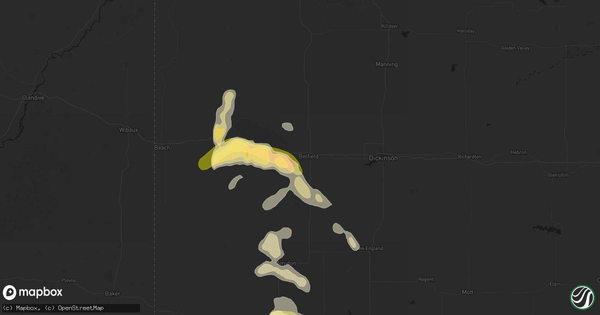 Hail map in Belfield, ND on August 23, 2026