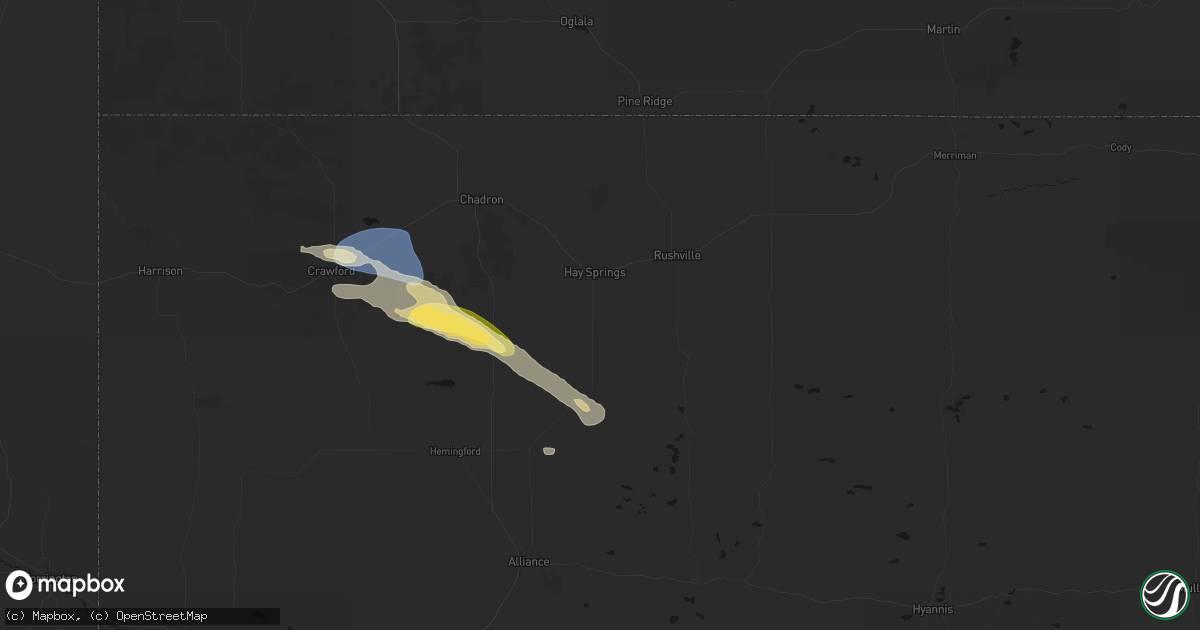 Hail map in Hay Springs, NE on August 23, 2026