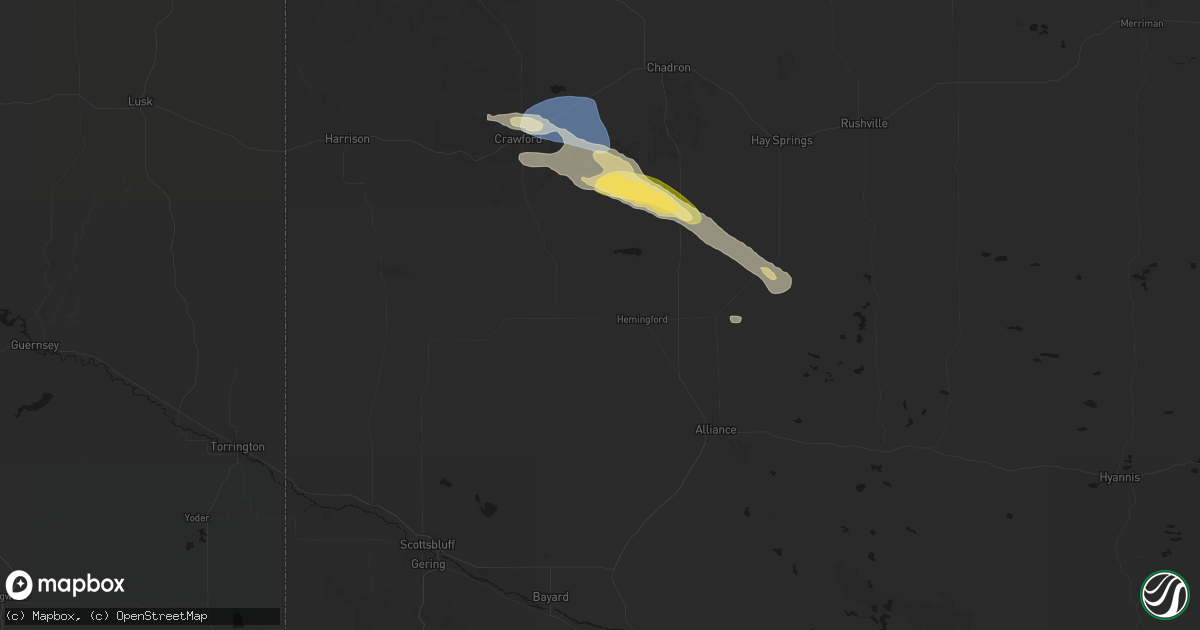 Hail map in Hemingford, NE on August 23, 2026